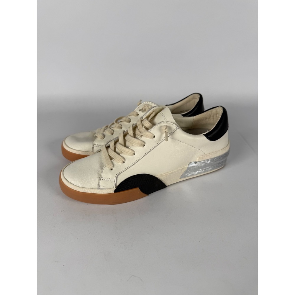 Dolce‎ Vita Zina Cream Leather Low Top Sneakers Black Silver Accents Womens